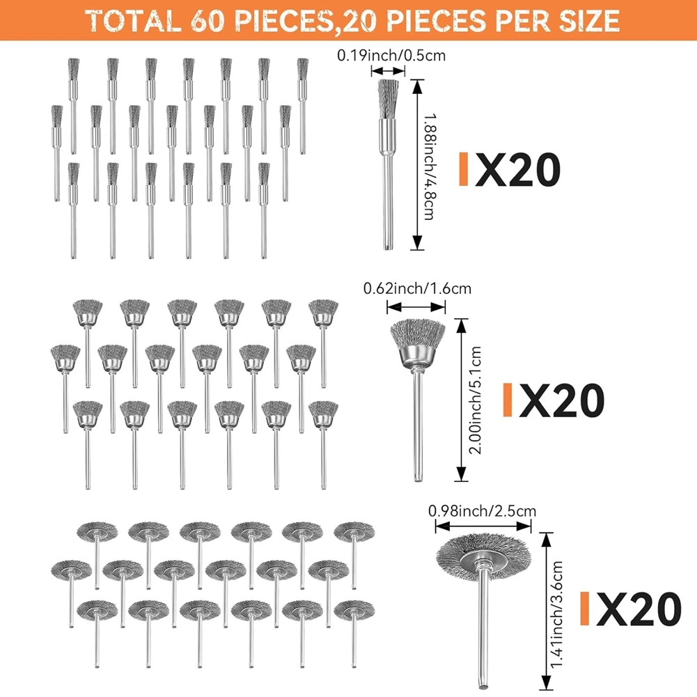 ABRS-Set Sikat Kawat untuk Menghilangkan Serpihan, Debu & Aksesoris - 60 Buah, 3 Bentuk Sikat Kawat Baja, Sikat Pena dengan Batang 1/8″(3Mm)