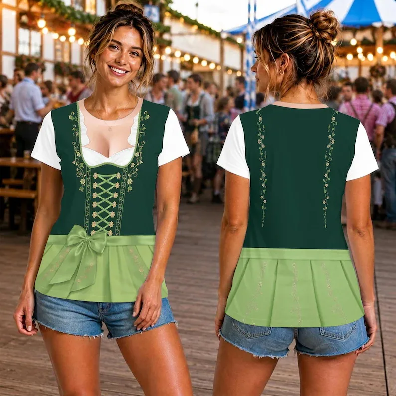 Women Oktoberfest 3D Print T‑Shirt Traditional German Dirndl Costume Short Sleeve Crew Neck Top Beer Festival Party Casual Tees