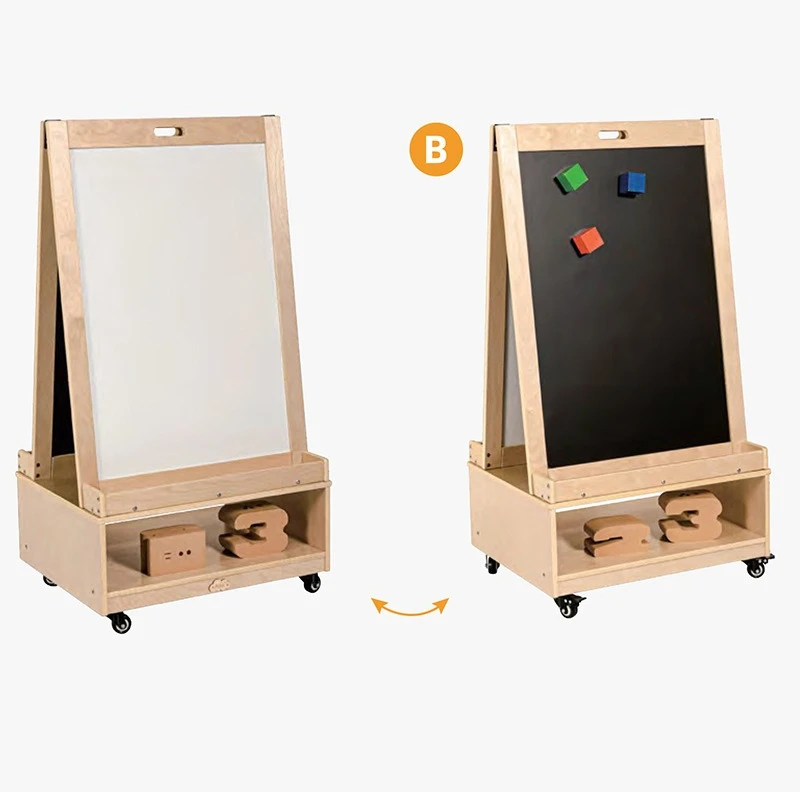 Kindergarten wooden double-sided drawing board with wheels movable drawing board