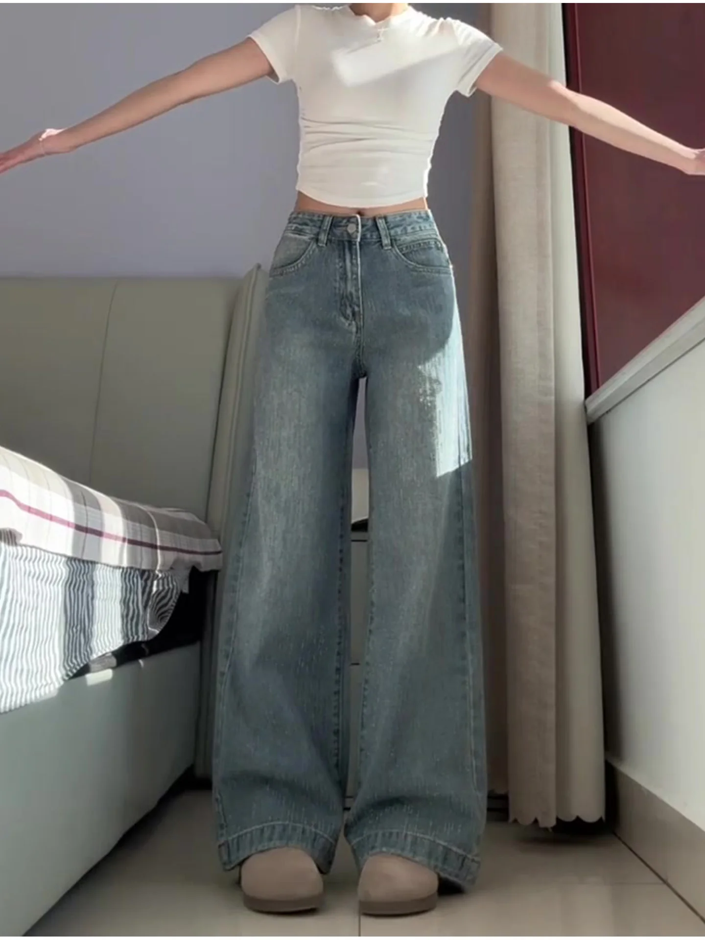 

plus Size Blue American Style Loose Women's Jeans with Diamond Embellishment Summer New Slimming Narrow Version Wide Leg Retr...