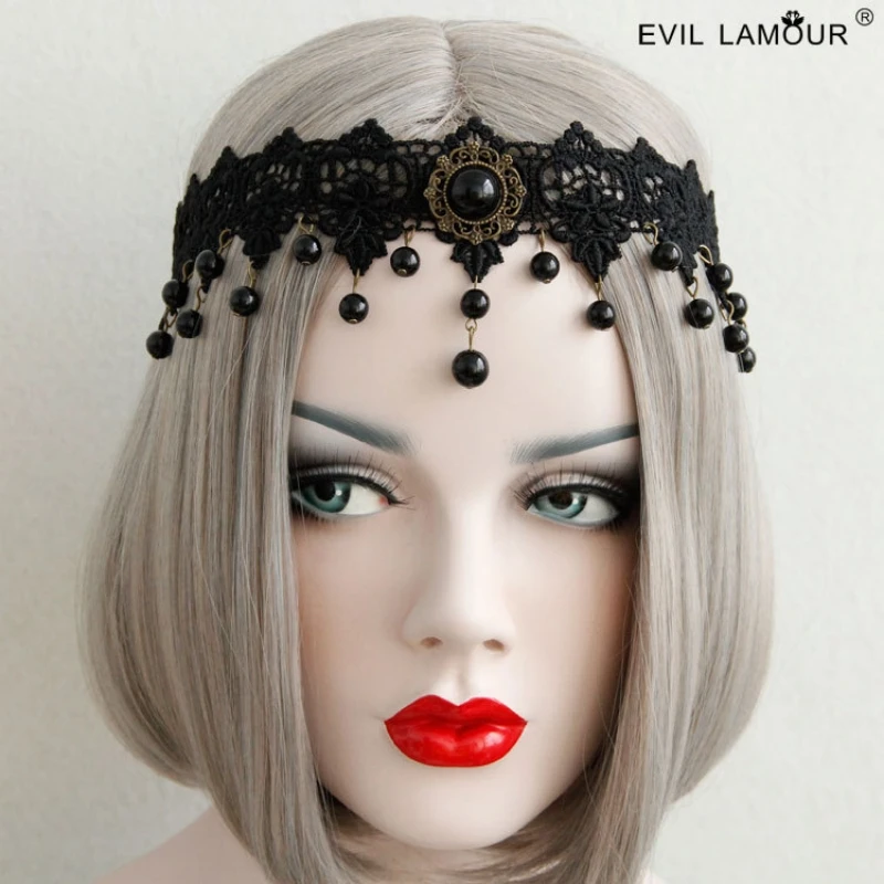 Fascia per capelli in pizzo nero gotico, regolabile Witch Queen Halloween Cosplay copricapo accessori per la fronte con ciondolo in strass