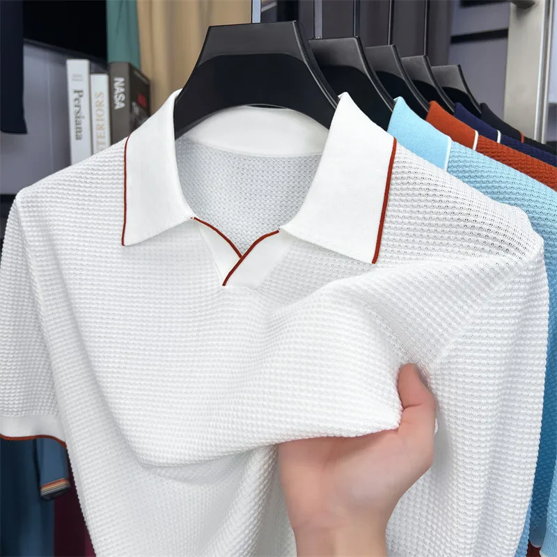Lyocell Good Quality Knit Polos 2026 Summer Breathable Silk Cotton Knitting Shirt Men Short Sleeve Knitwear Pullover Tops