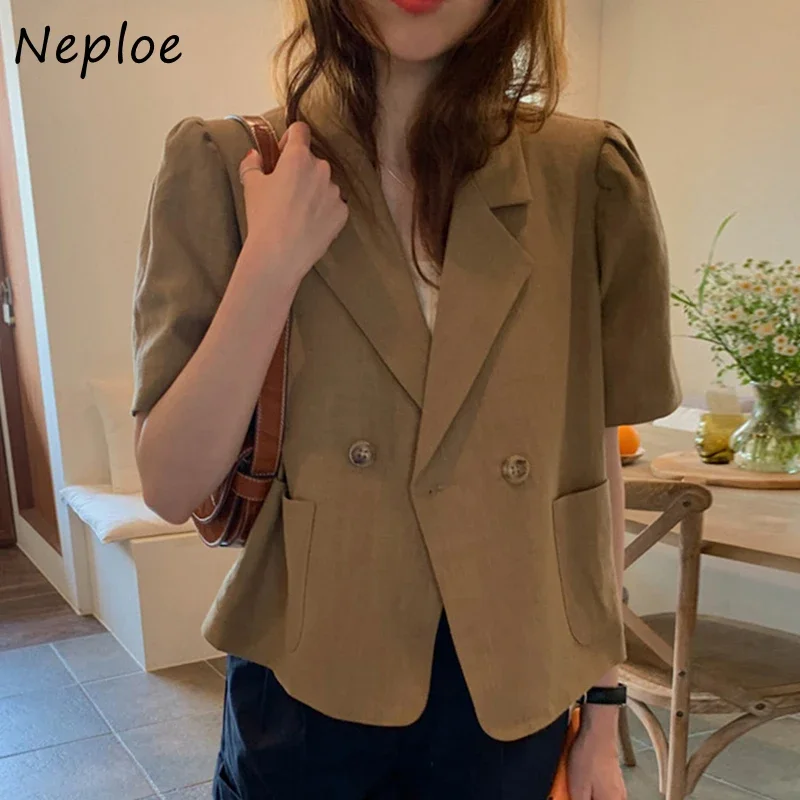 Neploe Vintage Turn Down Collar Office Suits Jackets Women Puff Short Sleeve Single Breasted Coats Female Pockets Woman Jacket