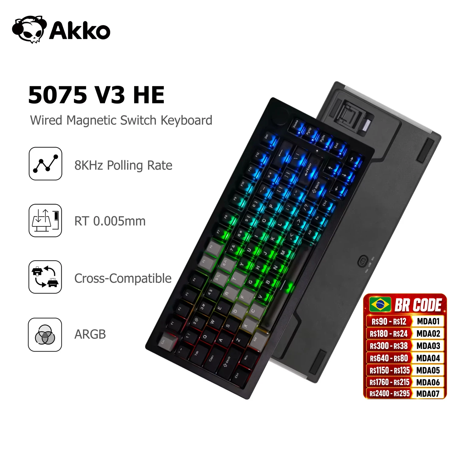 Teclado Magnético Akko 5075 V3 HE 75% Personalizado para Jogos com Gatilho Rápido de 0,005mm e Taxa de Amostragem de 8K ARGB