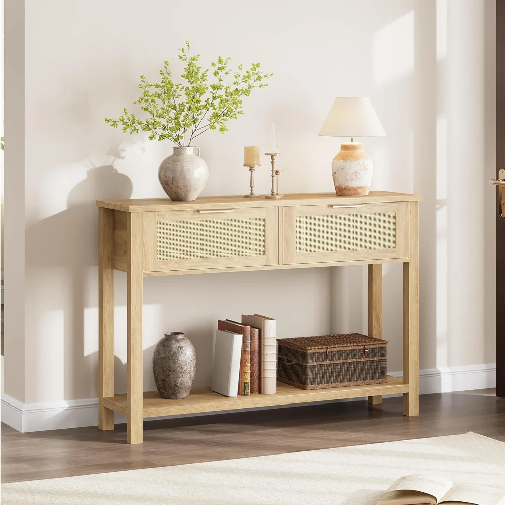 

Entryway Table with Drawers, Rattan Console Table with Storage, Boho Sofa Table for Living Room