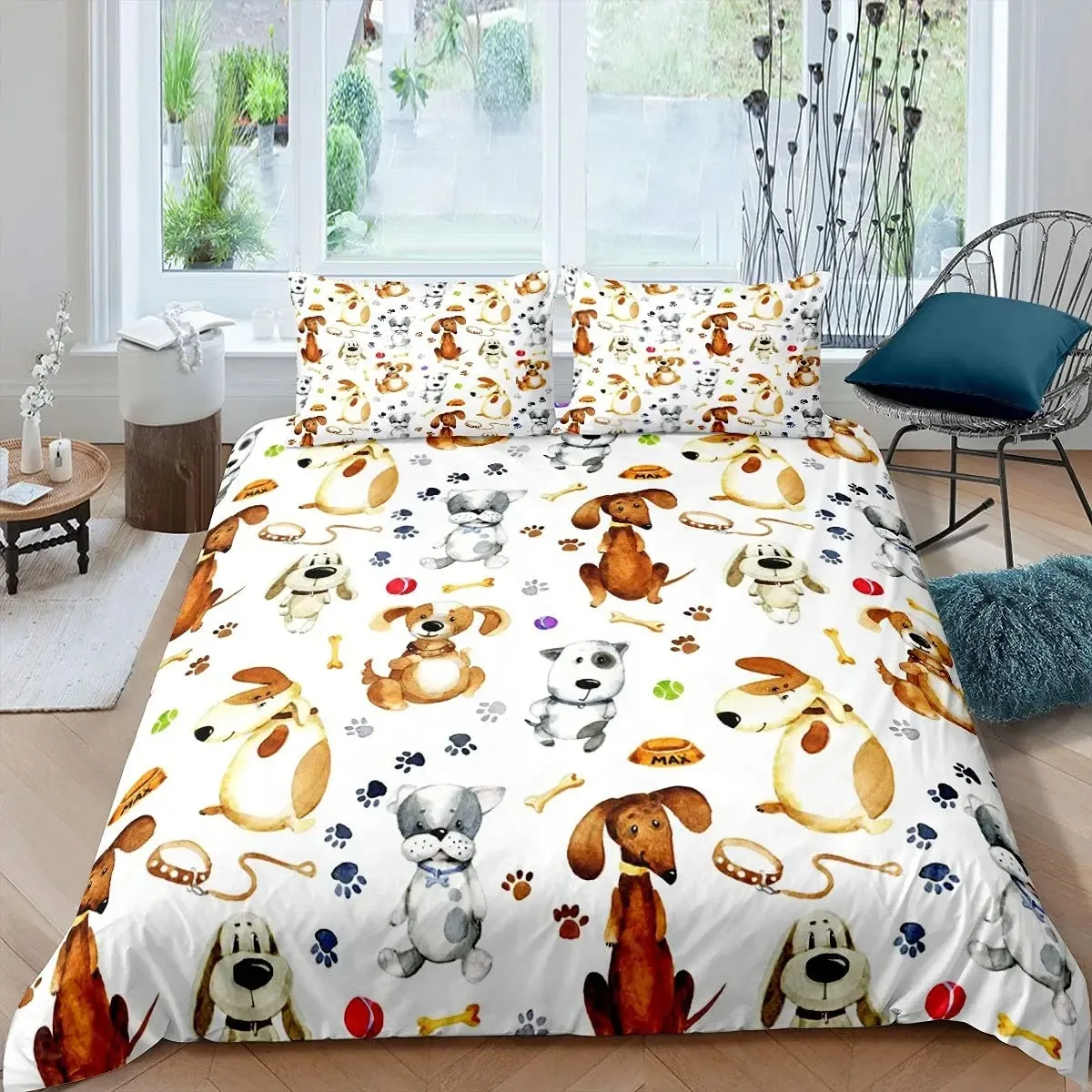 

Dog Paw Print Duvet Cover Set Watercolor Puppy Bedding Set Cute Animals Pastel Comforter Covers Cartoon Pattern Bed Sets