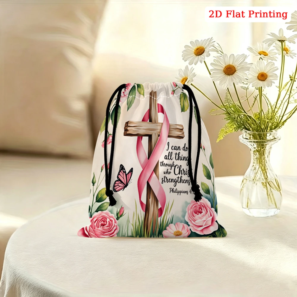 1pc Floral Cross Pink Ribbon Bible Verse Drawstring Bag White Storage Small Pouch For Glasses Cosmetics Jewelry Travel Organizer