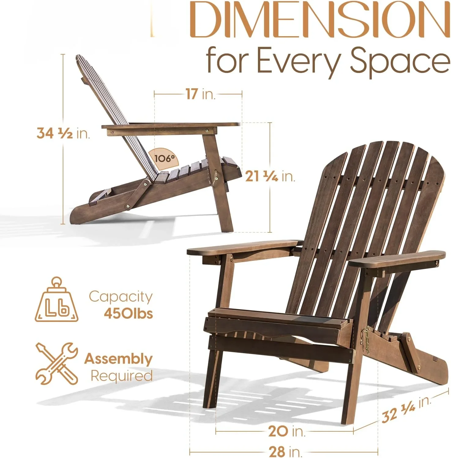 Outdoor Wooden Folding Adirondack Pre-Assembled BackRest, Wood Patio Chair for Garden Backyard Porch Pool