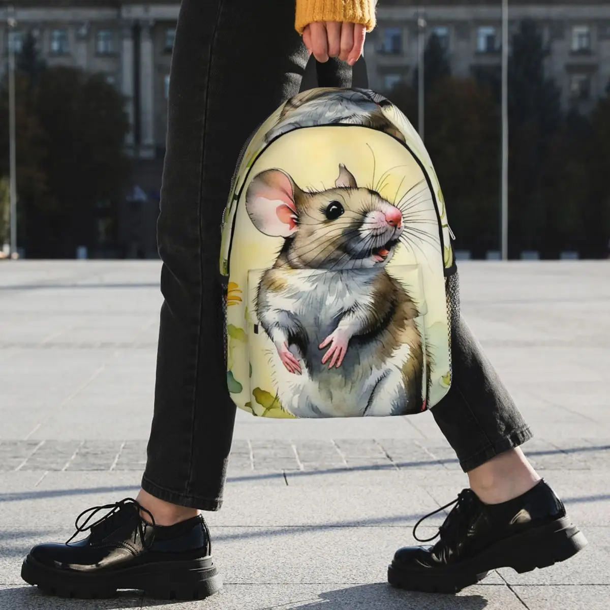 Cartoon Rat And Plant Watercolor Painting Backpack Student BookBag Children School Bag Computer Shoulder Bags for Men Women