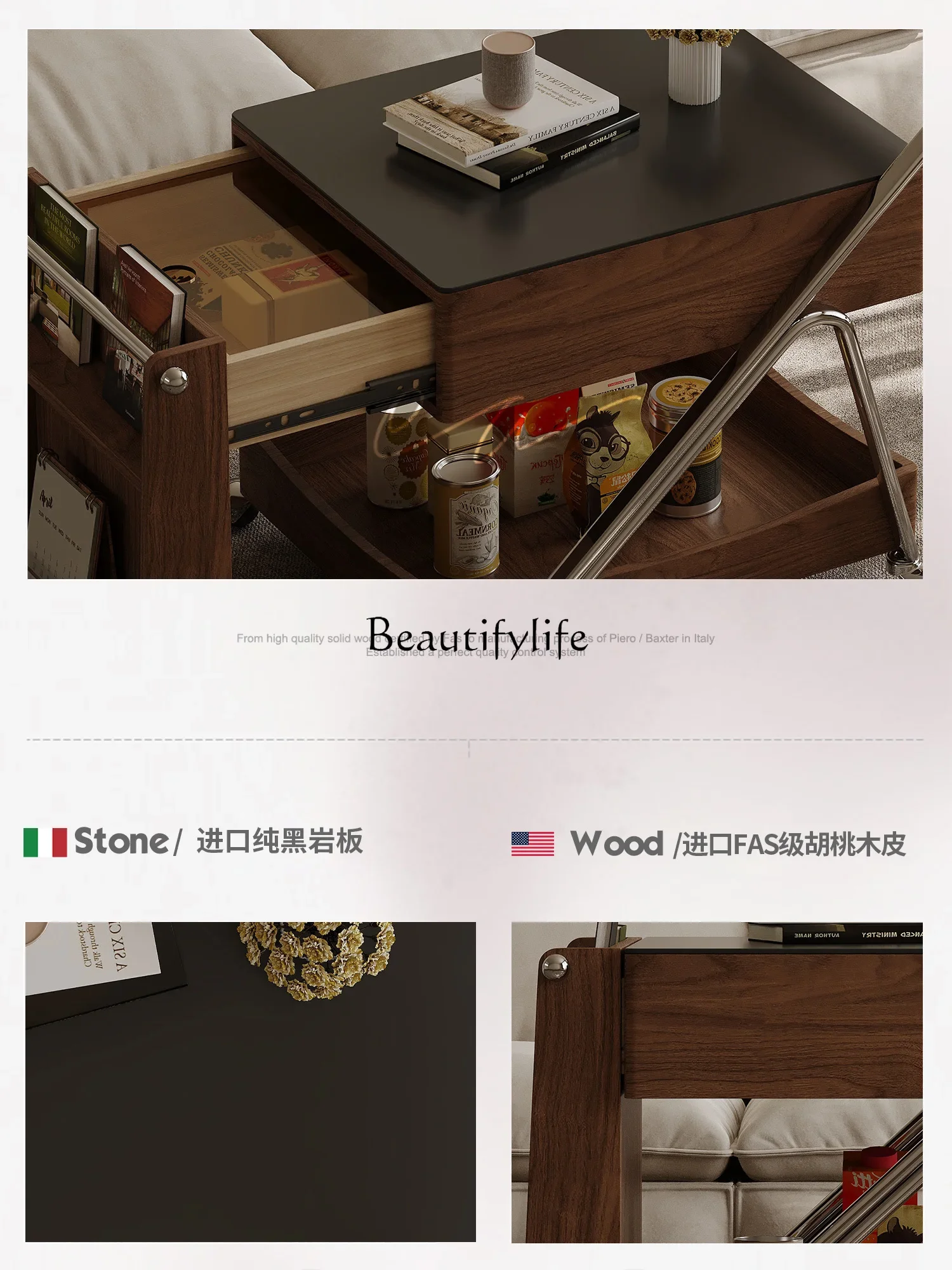 Ljy Medieval trolley sofa side table removable retractable rock slab coffee table solid wood living room small apartment