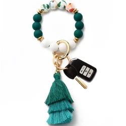 Key Ring Bracelet Car Keychain Holder Wristlet Silicone Beaded Bangle Chains for Women Teen Girls