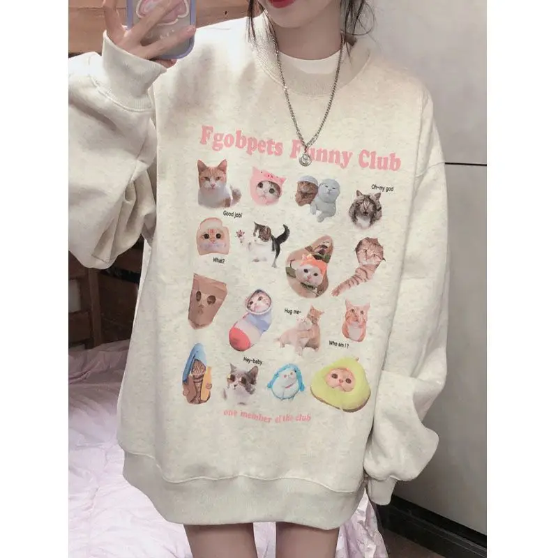 Autumn Winter American Street Retro Funny Cat Print O-neck Sweater for Men Women Loose Casual Sweatshirt Korean Style Kawaii Top