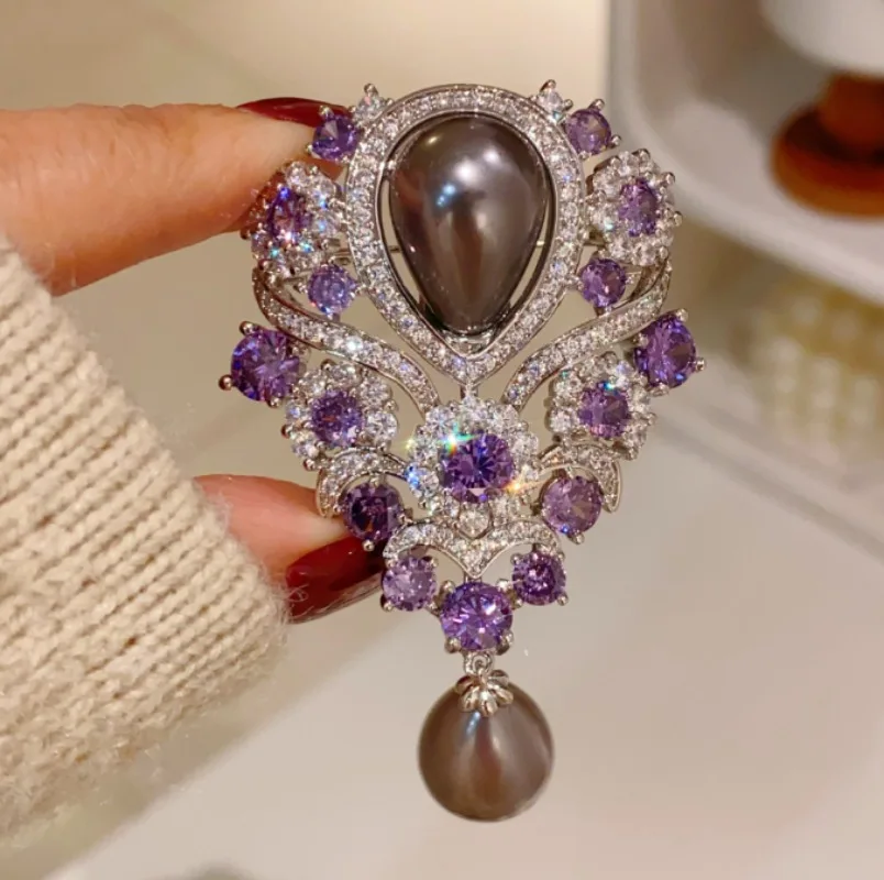 

Super Beautiful French Vintage Palace Style Violet Water Drop Pearl Brooch Corsage Versatile Clothing Accessories