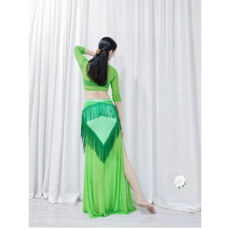Customized Swegal Belly Dance Practice Outfit Leopard Print Top Modal Mesh Patchwork Tassel Long Skirt Fusion Style Inspiration