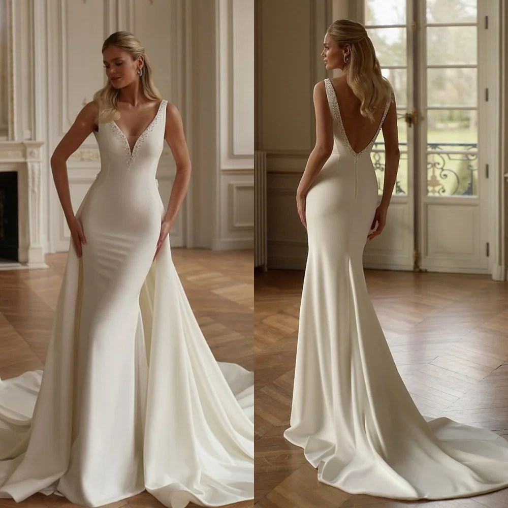 

Customized Exquisite White Satin Wedding Dress Elegant V-neck Cap Sleeve Bridal Gowns Chapel Train Zipper Back Mermaid Dress
