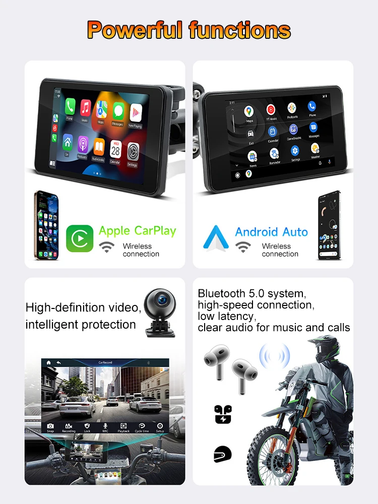 Professional Motorcycle DVR 5 Inch HD Display Dual Cameras Wireless CarPlay Android Auto GPS Navigation with 128GB TF Card