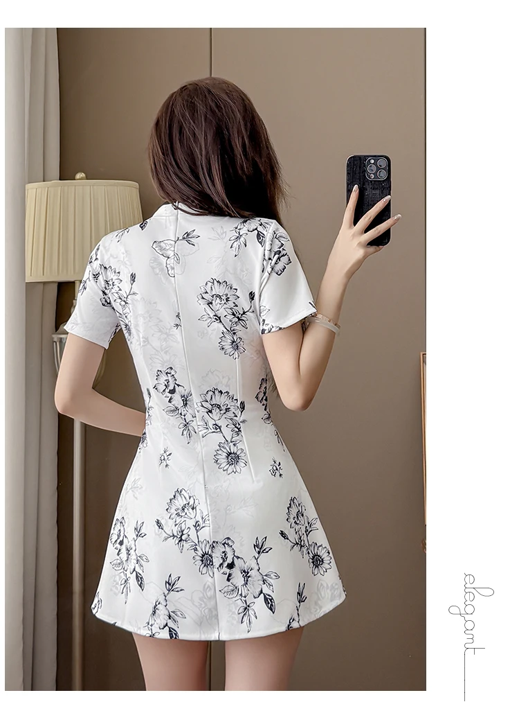 2026 New Elastic Cheongsam Dress+Shorts 2 Piece Set Women Black Floral Print Side Split Tassel Hollow Out Summer White Outfit