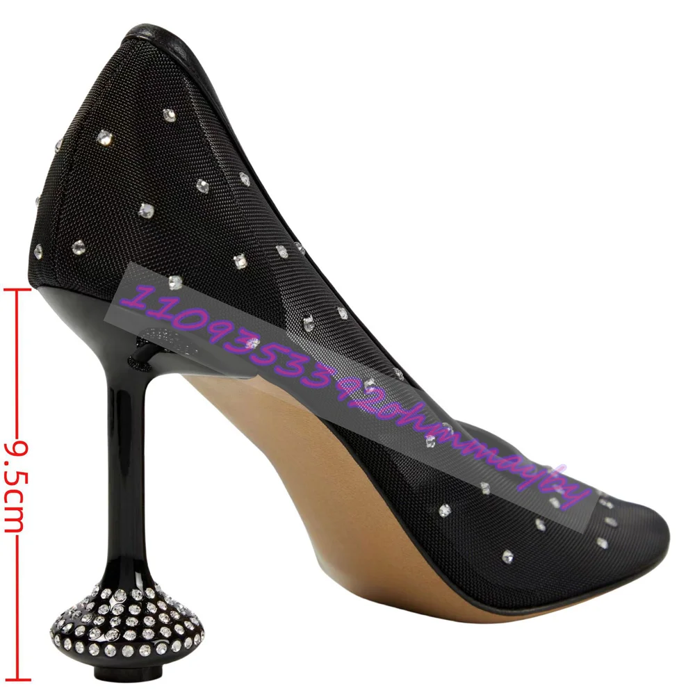 Women'S Black Mesh Rhinestone Pumps Pointed Toe Slip-On Novelty Heel Crystal Embellished Stiletto Sparkly Clubwear Dress Shoes