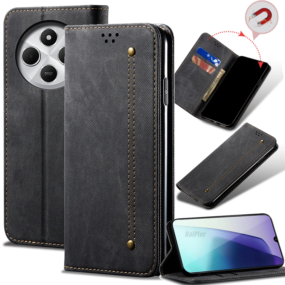 

Business Retro Folding Flip Leather Case For Xiaomi POCO C75 Card Slot Stand Magnetic Phone Cover for POCOC75 Denim Texture Bag