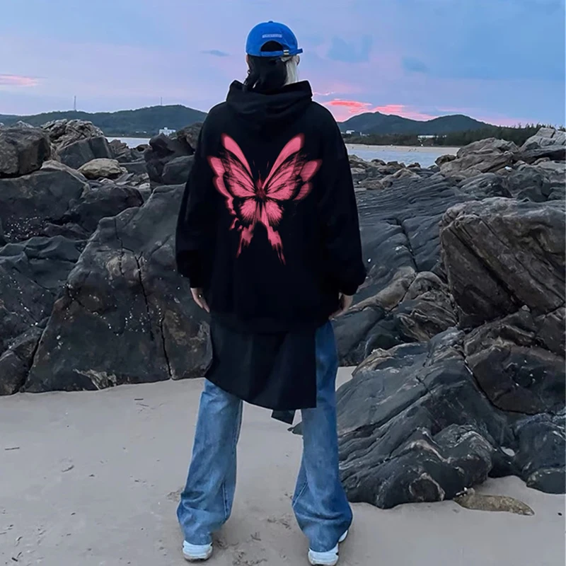 Felpe con cappuccio a maniche lunghe con grafica a farfalla autunno gotico uomo Harajuku moda pullover stampato felpa con cappuccio nuove felpe streetwear Y2K