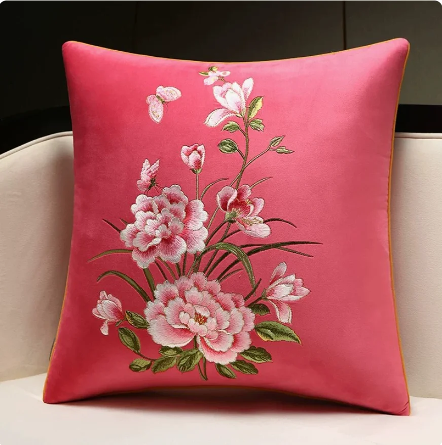Vintage Chinese Floral Embroidery Throw Pillow Cover Velvet Fabric Peony Decorative Cushion Cover for Living Room Sofa Hotel