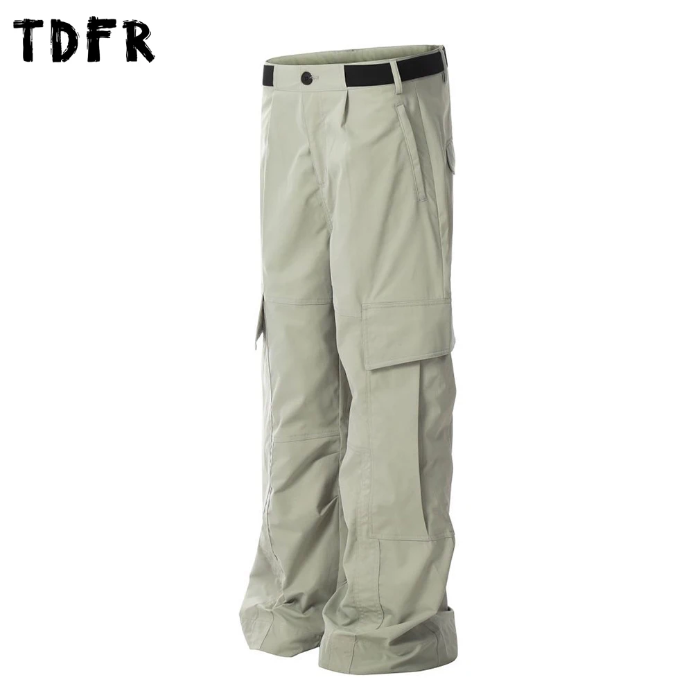 Multi-Pocket Belt Pants Mens Solid Color Spliced Retro Safari Style Baggy Pleated Cargo Trousers Man