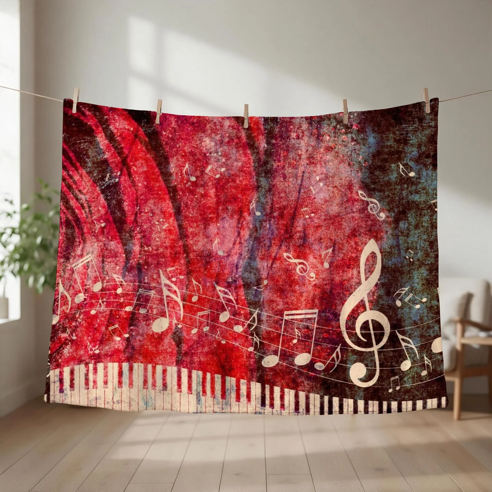 Piano Keyboard with Music Notes Grunge 2 Throw Blanket Shaggy Stuffeds Sofa Furrys Blankets
