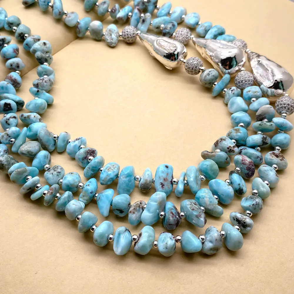 Y·YING 3 Strands Natural Larimar White Biwa Pearl Necklace Blue Gemstone Choker Necklaces Jewelry