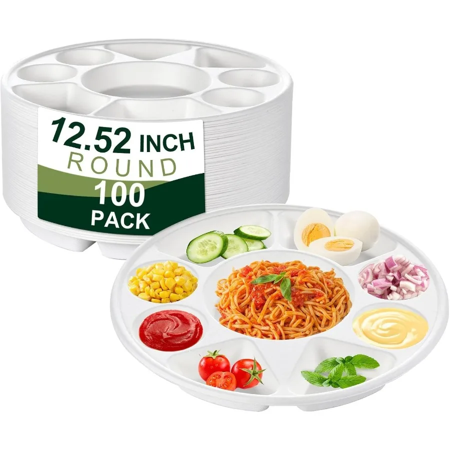 

100 Pack 9 Compartment Round Biodegradables Divided Plates12.5" Diameter 1.18" Height Disposables and EcoFriendly HeavyDuty Stu