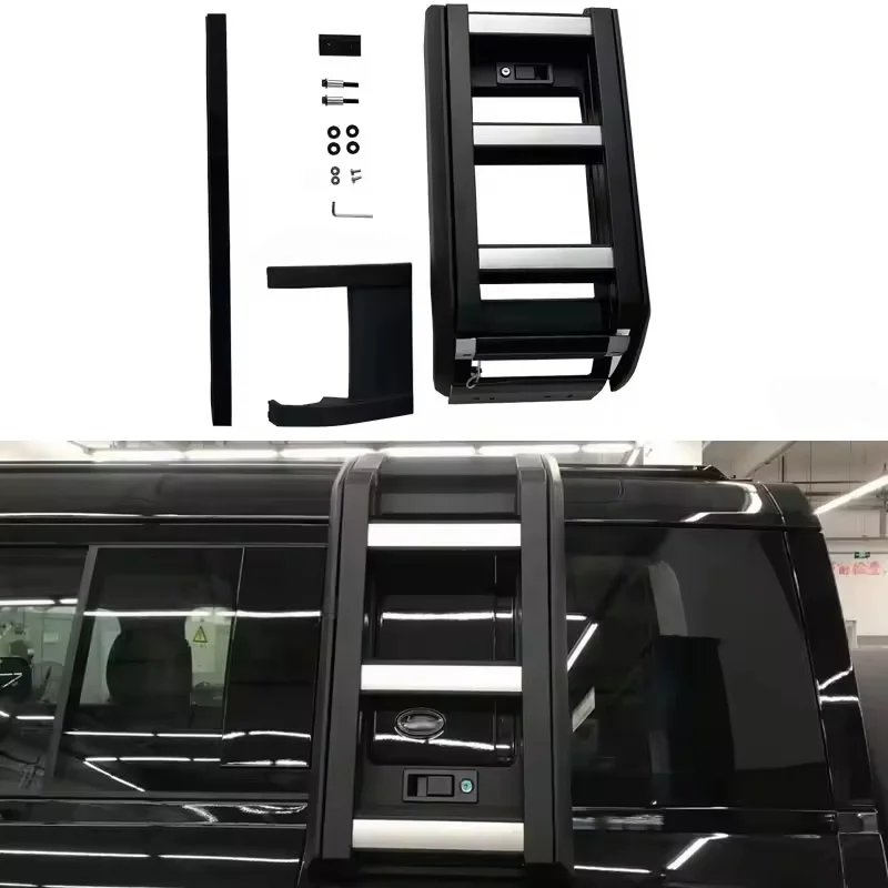 For Defender 90 110 Automotive Parts Aluminum Telescopic Side Ladder, Black and Silver Tail Ladder