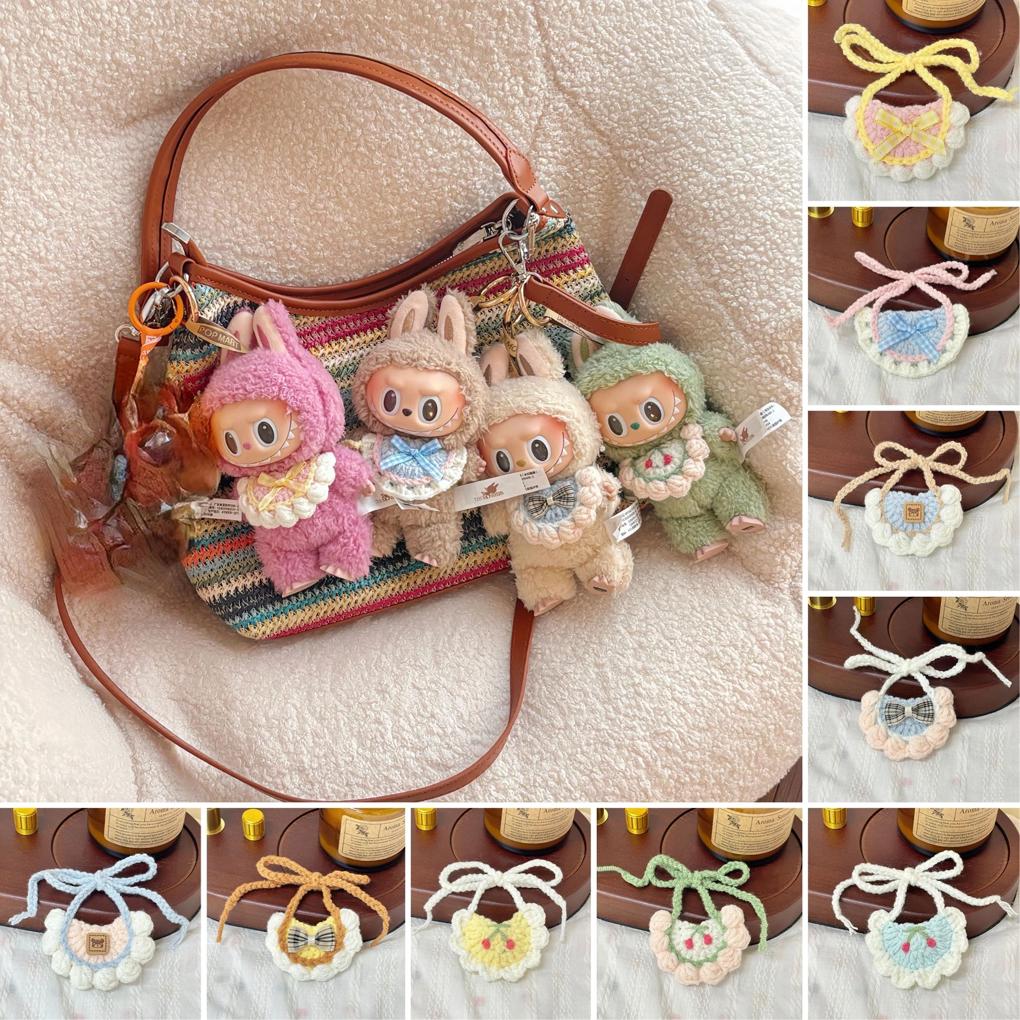 

Labubu 1st-3rd Gen 15/17cm Doll Handmade Crochet Bib Set Colorful Bow - tied Pouch Charms For Bags/Keychains