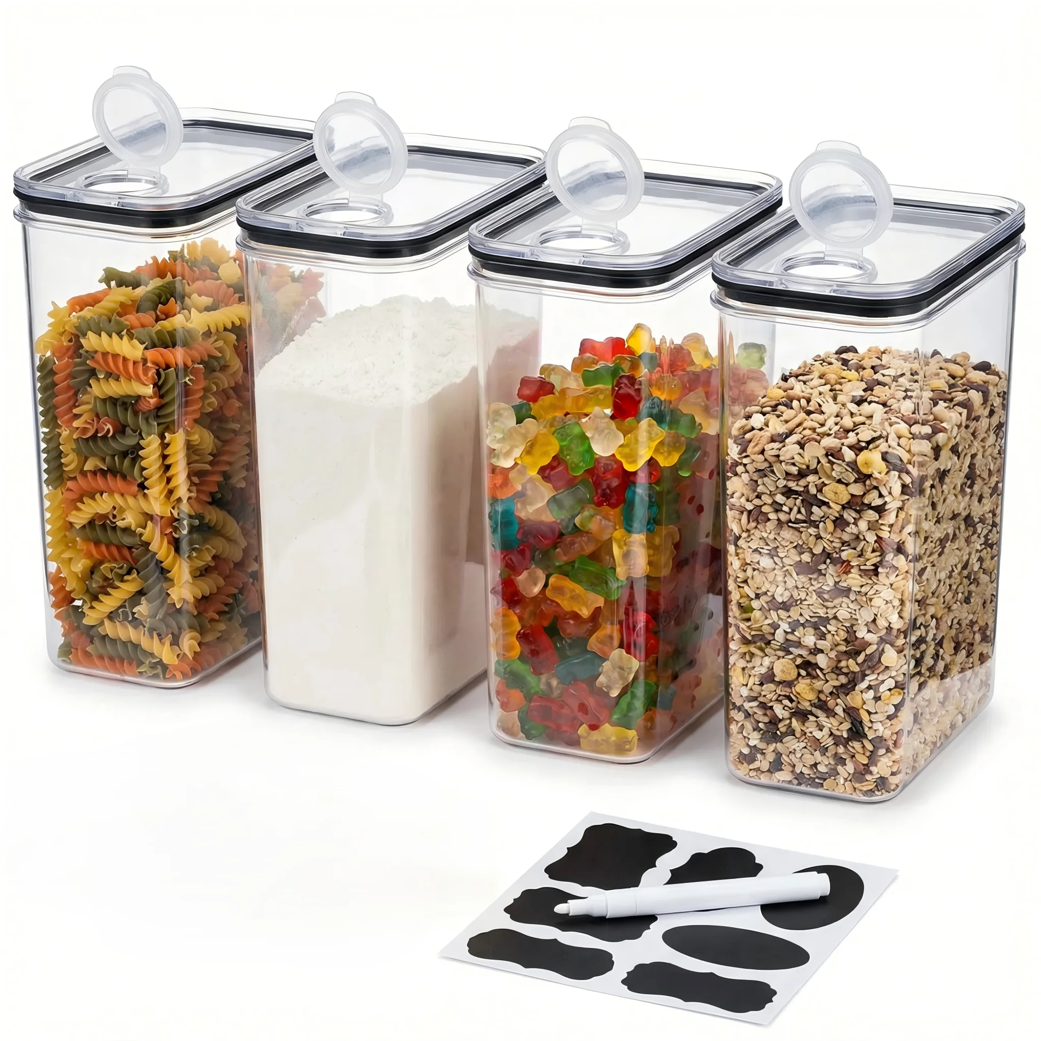 Recipientes Herméticos para Alimentos 4x4L con Tapa – Contenedores de Cocina BPA Free para Harina, Arroz, Cereales – Vertedor y Etiquetas