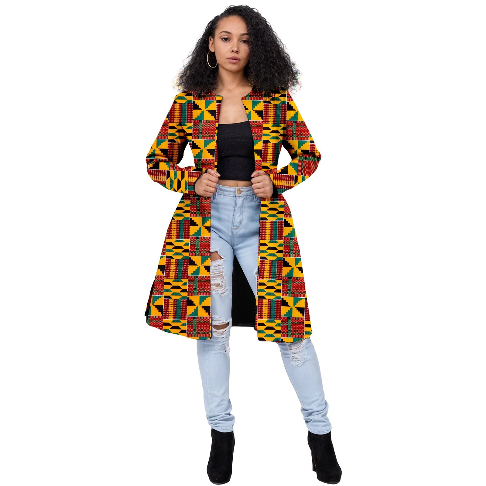 

African Attire for Women Dashiki Long Sleeve Jacket Kente Print Clothes Tops Open Front Coat Ankara Cardigan