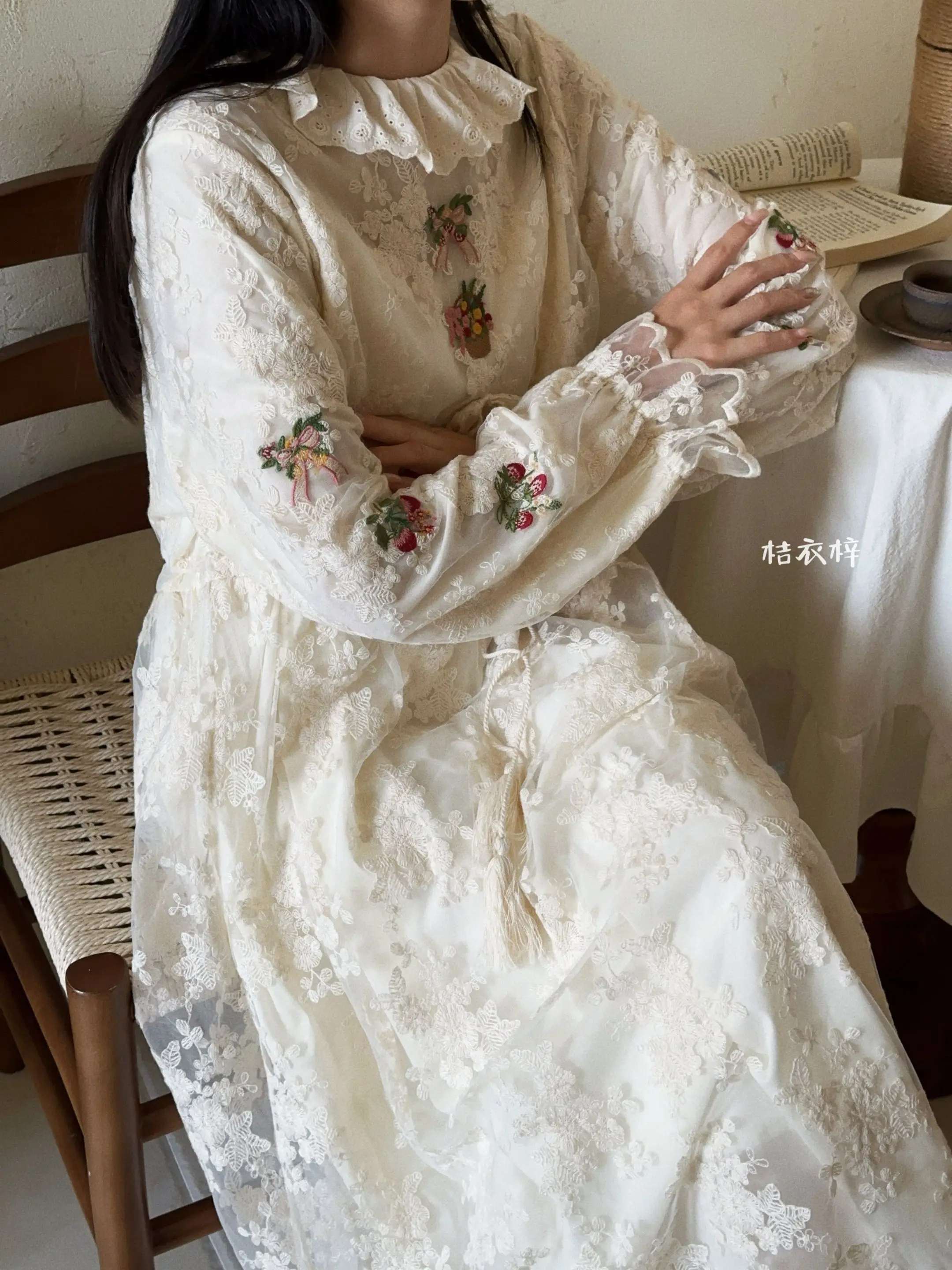 

TIYIHAILEY Spring Autumn Women Embroidery Dress Lace Full Sleeve Long Mid-Calf Ladies Loose A-line 2025 New Lace Up