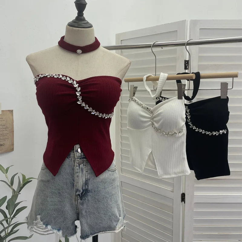 

Женский сексуальный топ-труба с бриллиантами и подушечками на груди, небольшой топ на бретельках, верхняя одежда без рукавов, вязаный топ нестандартной формы 9211