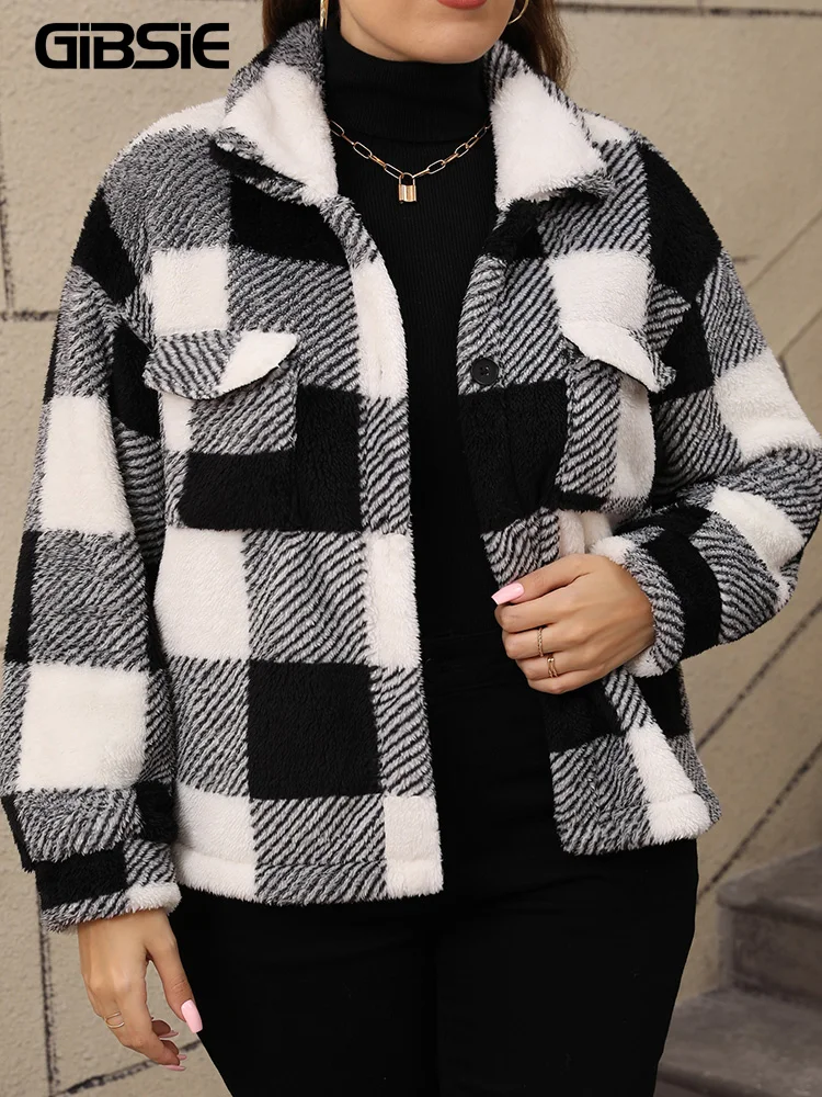 GIBSIE Plus Size Plaid Single-breasted Lapel Jacket Women 2024 Autumn Winter Retro Thicken Plush Female Casual Short  Outerwear