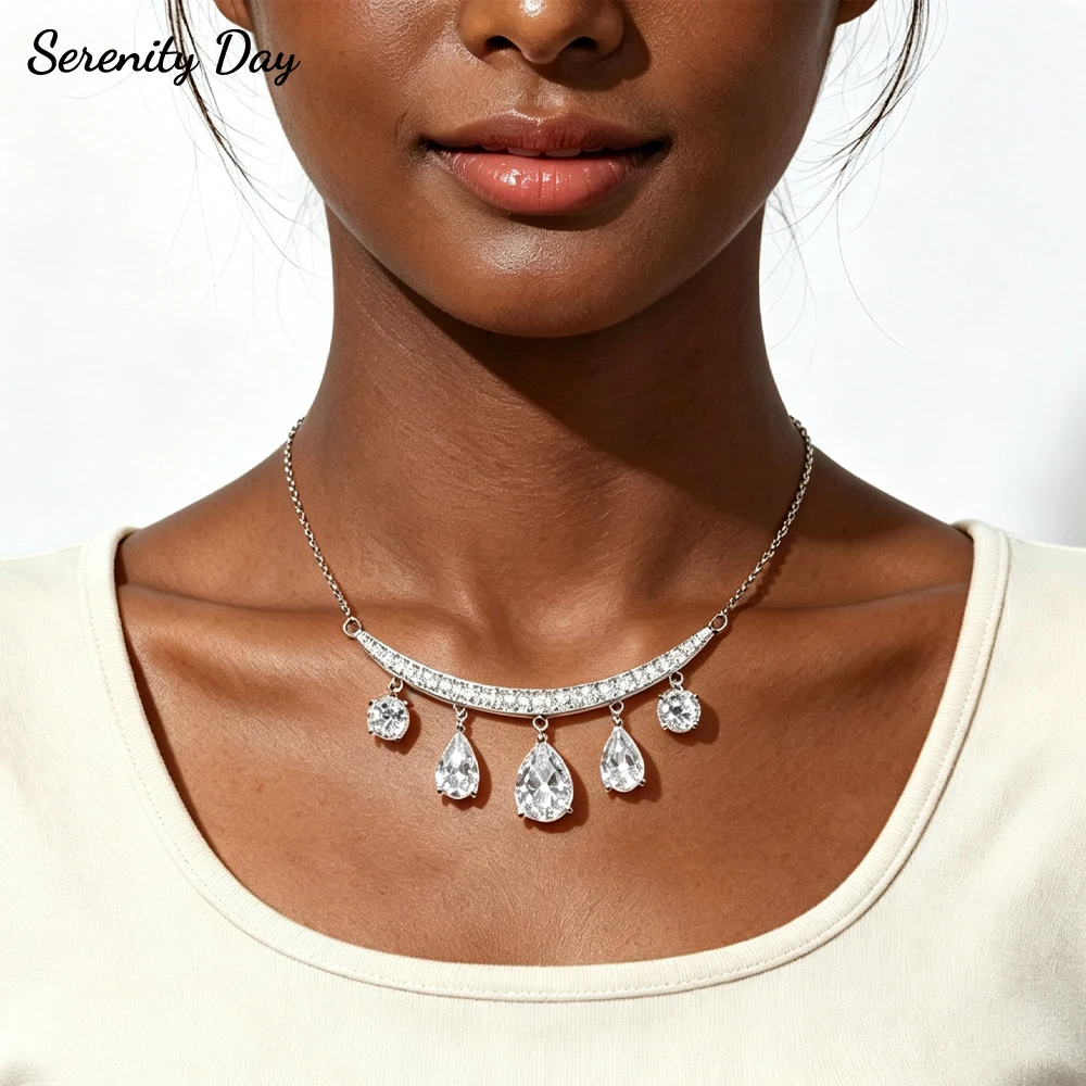 Serenity Pear Cut Full Moissanite Pendant Necklace Women Sparkling Lab Diamond Smile Necklace S925 Sterling Silver Chain Jewelry