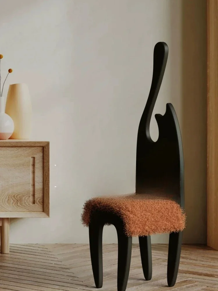 Medieval lamb wool chair, solid wood desk and chair, French retro silent wind, homestay designer model, high back dining chair