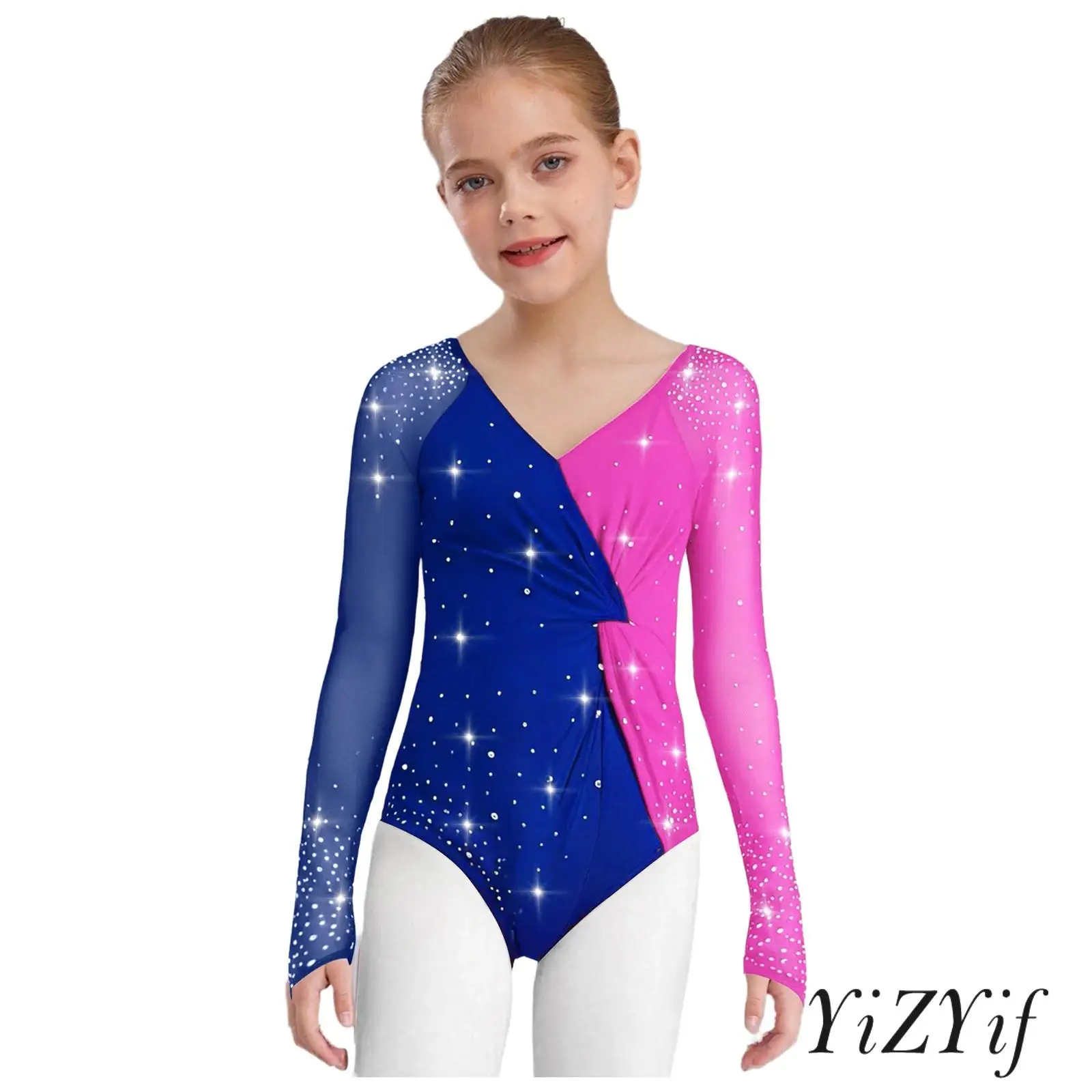 

Kids Girls Rhinestone Dance Leotard Sheer Mesh Long Sleeves V-Neck Cross Back Briefs with Snap Buttons for Gymnastics Practice