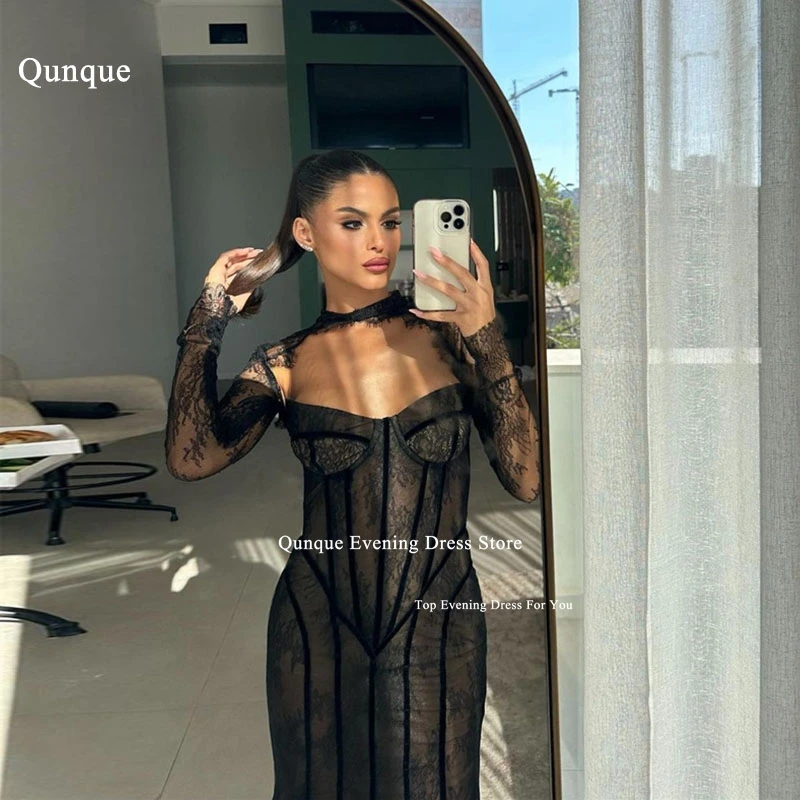 Qunque Sexy Black Mermaid Party Dresses Full Lace Long Sleeves Customized Event Gowns Vestidos Para Club Israel Prom Dresses