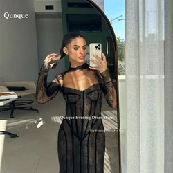 Qunque Sexy schwarze Meerjungfrau-Partykleider, volle Spitze, lange Ärmel, individuelle Event-Kleider, Vestidos Para Club, Israel-Abschlussballkleider