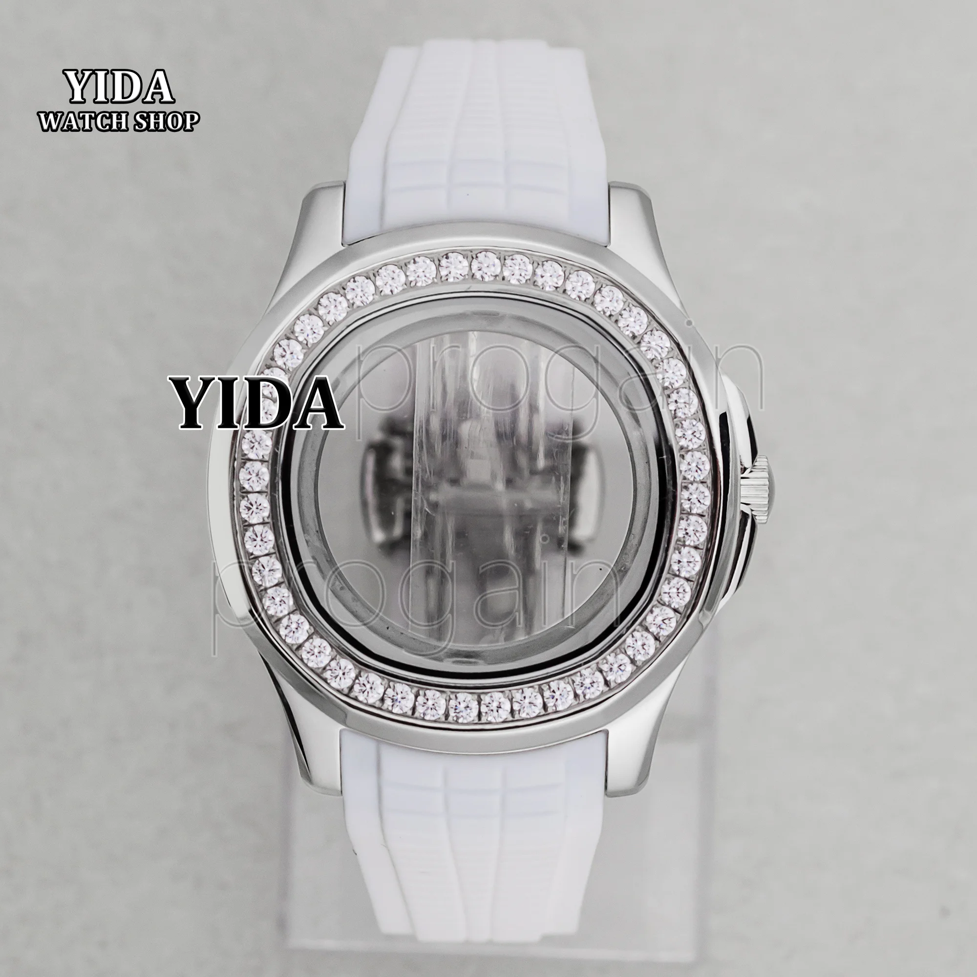 

NH35 Case Diamonds Watchcase White Rubber Strap Sapphire Crystal Stainless Steel Case for Nautilus AQUANAUT NH35 Movement Parts