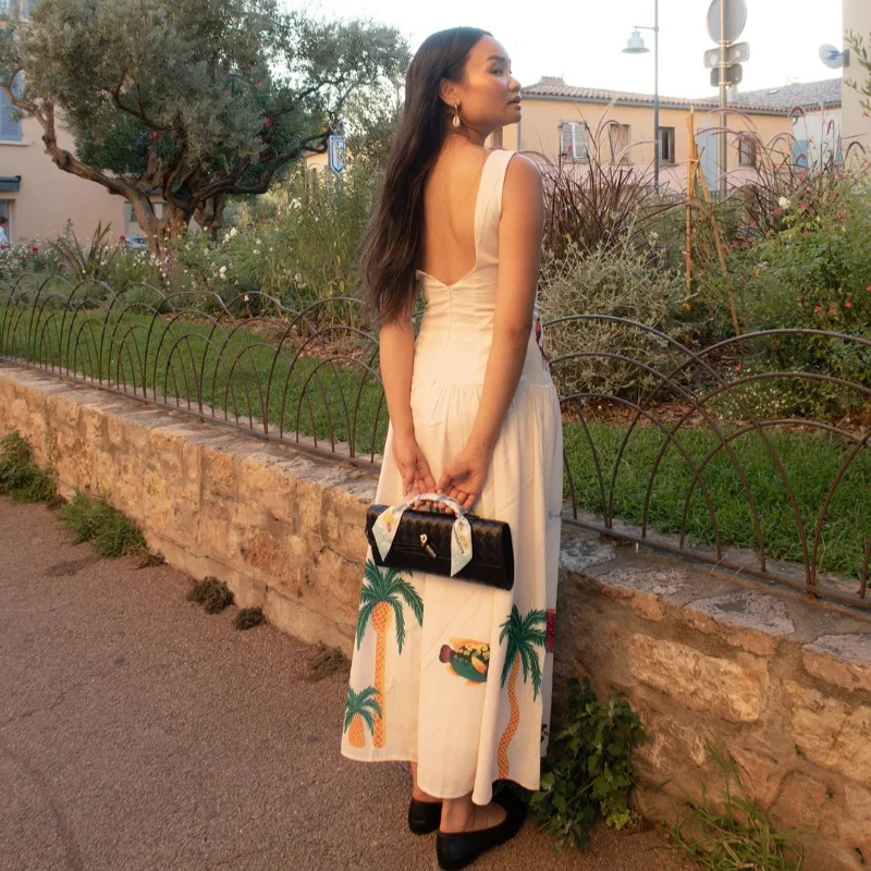 Abito lungo da donna con stampa senza maniche, cinturino largo senza schienale, abiti Boho, gonna ampia, orlo, abito lungo, abiti da donna di nuova moda 2025