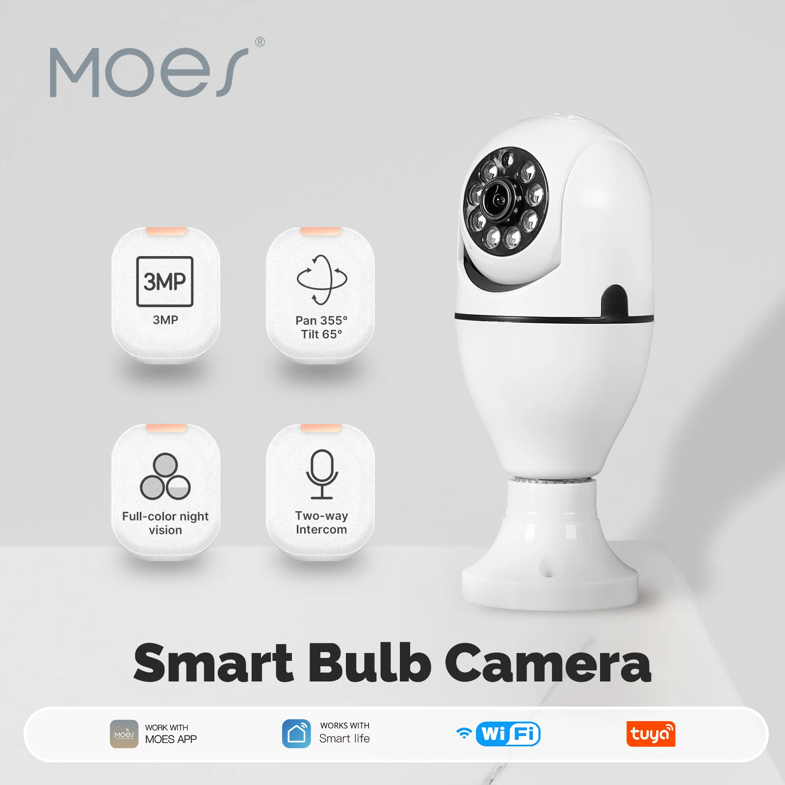 MOES Tuya WiFi 3MP Surveillance Smart Security Camera Light Bulb With E27 Socket Human Tracking Full Color Night Vision Indoor