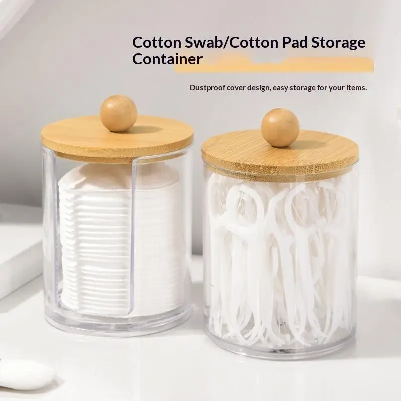 Cotton Swab Organizer With Bamboo Lids Clear Plastic Apothecary Jar For Vanity Makeup Storage