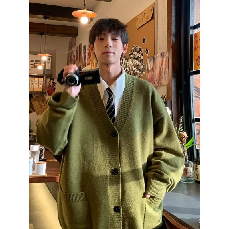 

Loose Casual V-Neck Knitted Sweater Men's Cardigan Autumn Leisure Pure Color Korean Style Lazy Fashion Outerwear Coat