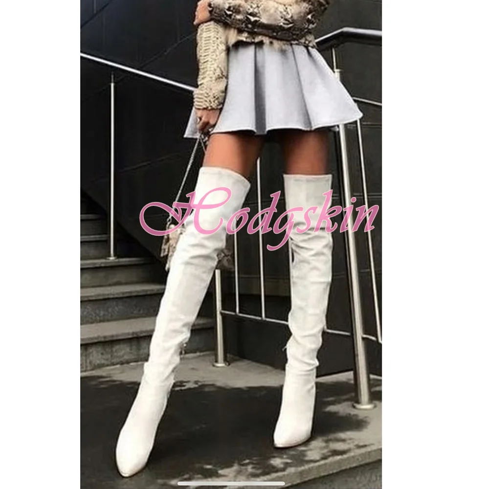 

Pure White Thigh High Boots Pointy Toe Stiletto Heels Women Sexy Shoes Side Zipper Solid Fitted Autumn Winter Party Dress Shoe