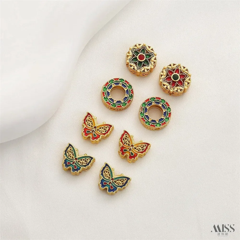 

18K Matte Gold Enamel Color Burnt Blue Cloisonne Butterfly Set Bead Ring Fancy Bead Divided DIY Bracelet Necklace Accessories