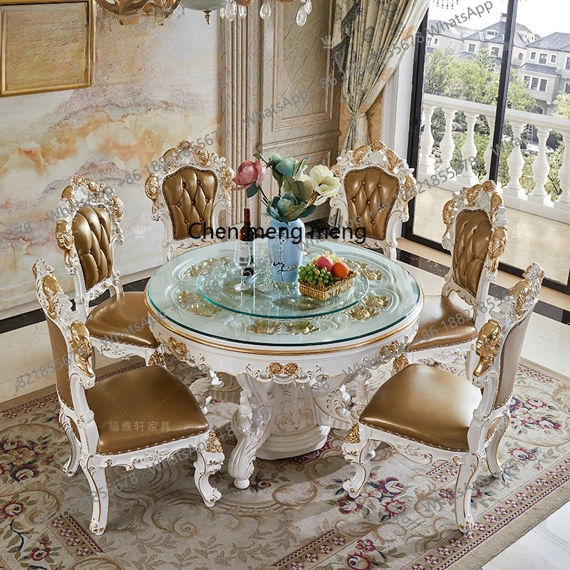 European Villa Round Dining Table French Restaurant Atmospheric Dining Full Solid Wood Carved Gold Foil 1.5 meters