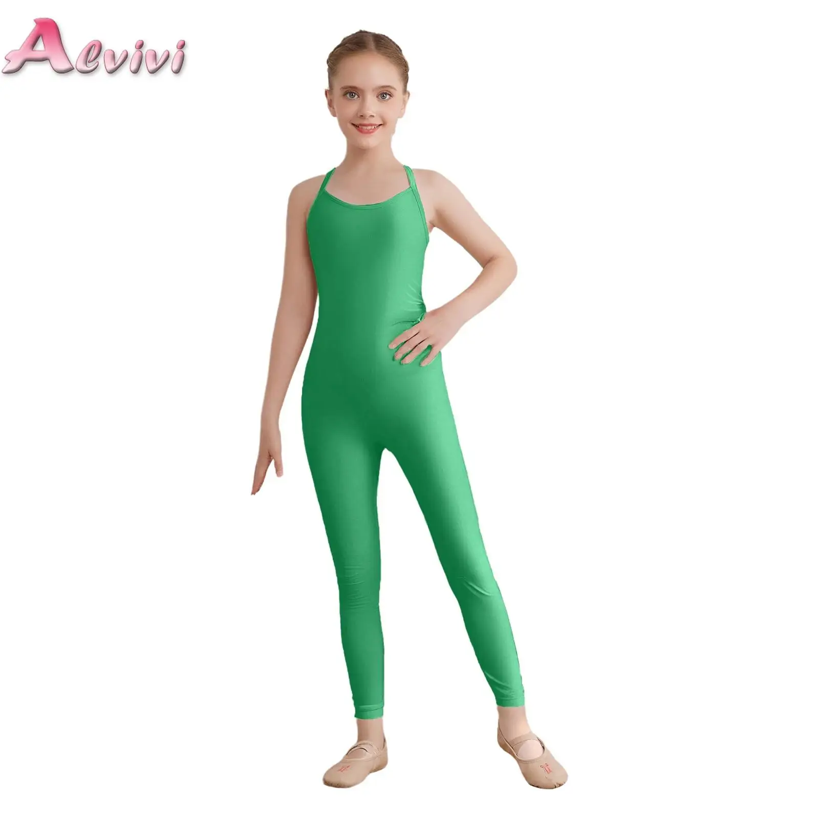 Kids Girls Gymnastics Tank Jumpsuit Sleeveless Spaghetti Straps Cross Back Full Body Leotard Ballet Bodysuit Practice Dancewear